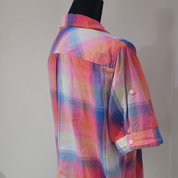 American Eagle Multicolor Plaid Short Sleeve Button Down Blouse Size Medium - Picture 13 of 15